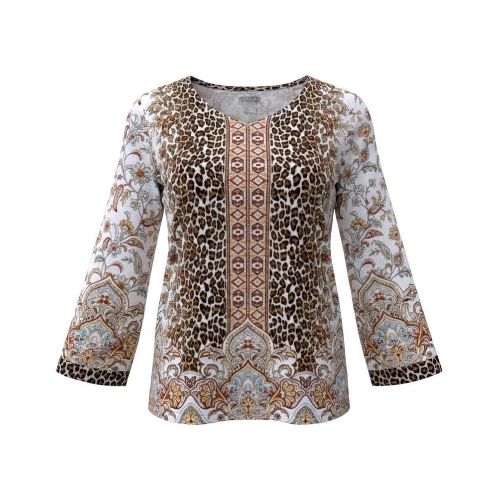 Chicos Leopard Floral Paisley V-Neck Bell Sleeve Top Size 2 Large Mixed Print
